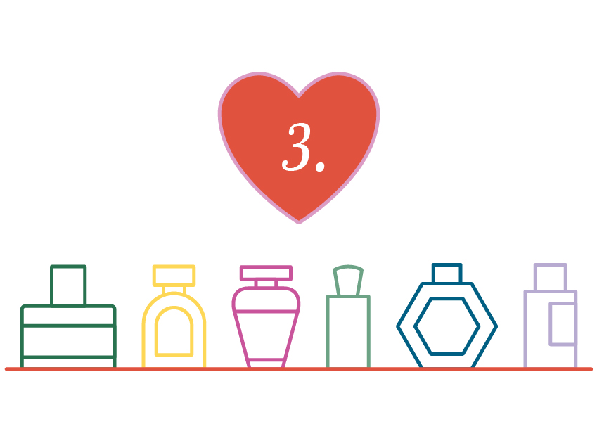 number 3 in a heart with an illustration of six different perfume bottles