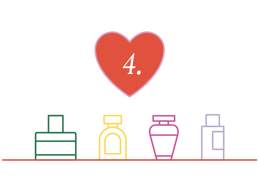number 4 in a heart with an illustration of four different perfume bottles